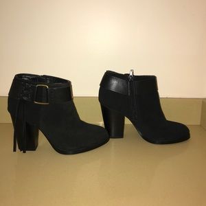 Kensie Black Suede Fringe Buckle Booties